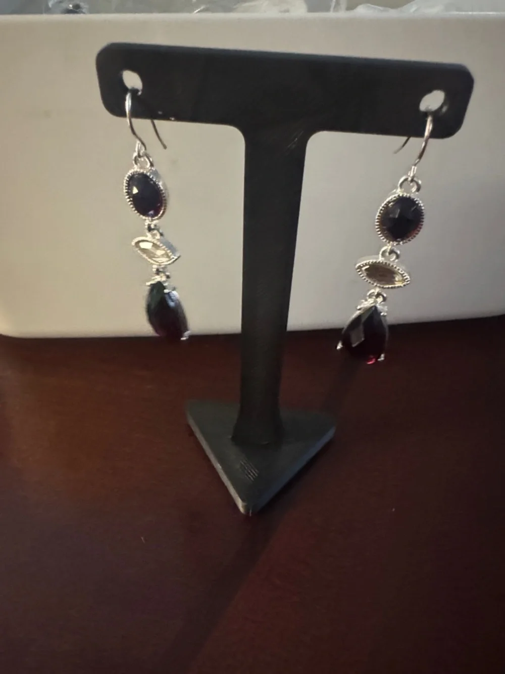 Liz Claiborne Silver Drop Earrings with Deep Garnet Red Stones - Picture 1 of 6